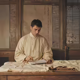 a man wearing a white outfit sitting down on top of a wooden bed