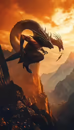 the mythical creature dragon is posed in front of a mountainous landscape