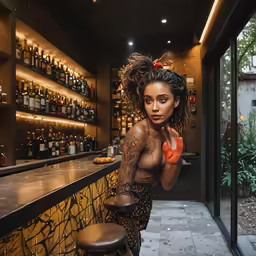a beautiful woman standing behind a bar counter