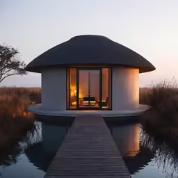a small hut that sits on the water, with its door open