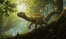 a toy dinosaur that is walking around in the forest
