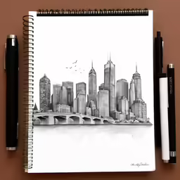 a drawing of a city skyline on a note book