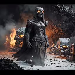 an evil woman is standing in the snow with her arms crossed