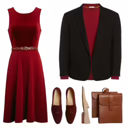a red dress and a suit is all items that go in this outfit