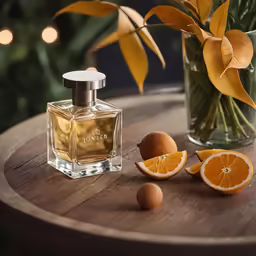 an orange next to an empty bottle and some sliced pieces of orange