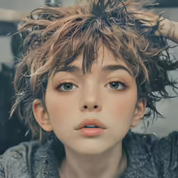 a woman has messy hair and blue eyes