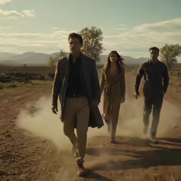 people walking down a dirt road in the desert