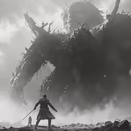 a man standing next to a giant monster creature