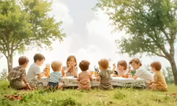 a group of kids are eating at a picnic table