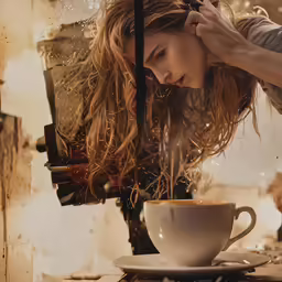 a woman is standing with her hair up in a coffee cup