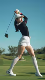 woman swinging her golf club on the green,a woman hitting a golf ball on the course