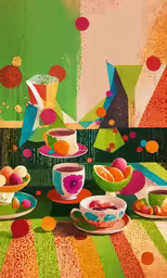 a colorful abstract painting of a bowl filled with various food