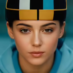 a young girl with a colorful hat on top of her head