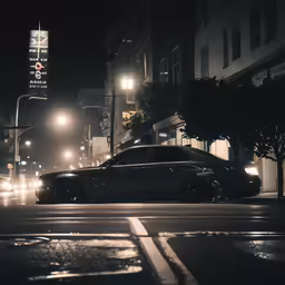 a dark black sedan on the street at night