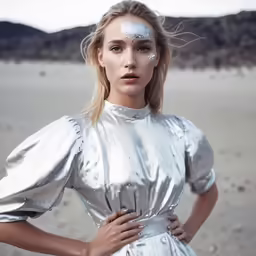 a beautiful blond woman wearing silver and wearing white paint on her face