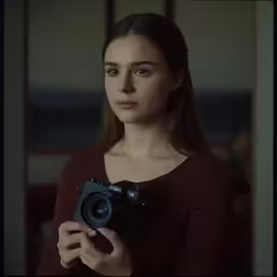the woman in brown shirt is holding up a camera
