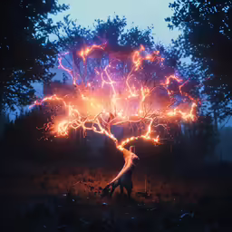 a dog runs away from the fire that has just been lit by a large tree