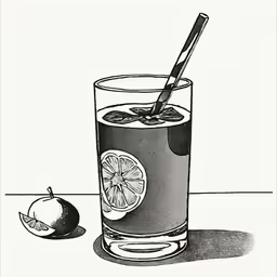 black and white drawing of an apple and glass with drink