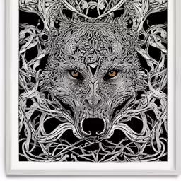 the face of a wolf with orange eyes is shown in an abstract frame
