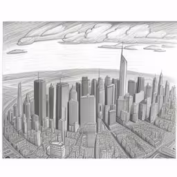 a pencil drawing of a cityscape with a sky line and buildings,a drawing that is made of pencil and charcoal on paper