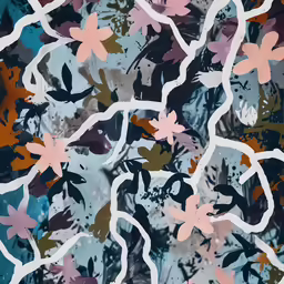 the image shows a floral design on blue fabric