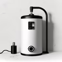 a small white and black electric water heater and a plug