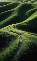 a person walking through green grass covered hills