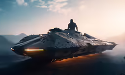 a person standing on top of an alien vehicle