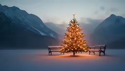 a lit up christmas tree next to benches in a snow covered field