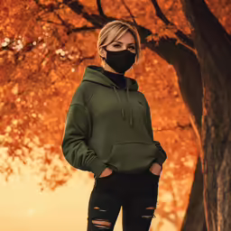 a beautiful woman wearing a black mask standing in front of a tree