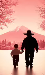 the man walks with his child down the street