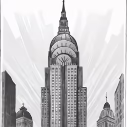 a drawing of a city building with a clock in the middle