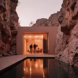 two people looking into the open room with water pool and boulders