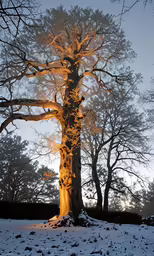 the light is shining through the branches of this snowy tree
