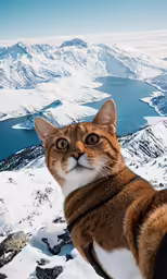 a cat looks at the camera while in the mountains