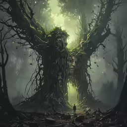 man standing next to an intricately designed tree