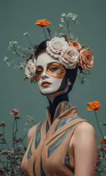 a woman with flower hair in front of an abstract photo