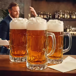 three mugs of beer sit on the counter of a bar