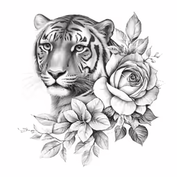 a black and white tiger with flowers on its face