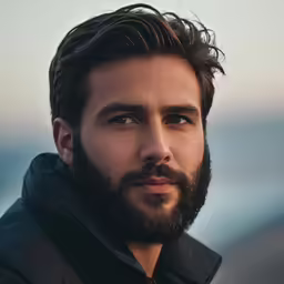 a bearded man is looking to his left