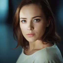 a woman with big blue eyes and bangs in a white top