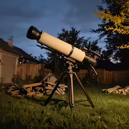 telescope sitting on tripod in a backyard area