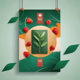 a poster with raspberries in front of it