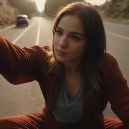 a woman sitting on the side of a road taking a picture