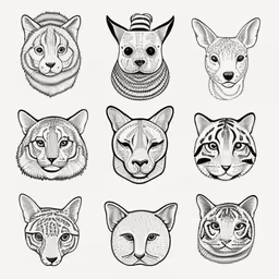 a set of eight animal heads,various heads of cats and lions,some animals in head shapes on a white background,black and white image of a lynx, tiger, wolf, tiger cat head illustration,twelve faces in different poses on a white background