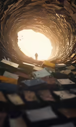 the silhouette of a man walking into a large dark tunnel