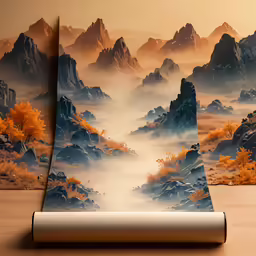 the paper is designed to resemble mountains and water
