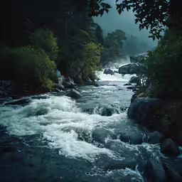 a view of some small rapid waters in the woods
