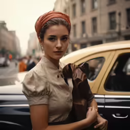 woman with an orange headband and scarf posing in front of a car