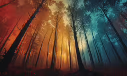 the sun shining through a forest filled with tall trees